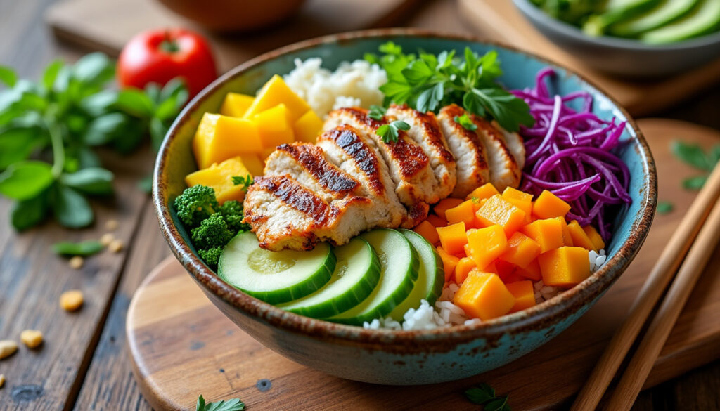 découvrez comment préparer un poke bowl au poulet sain et savoureux grùce à notre recette facile et équilibrée, parfaite pour un repas frais et gourmand.